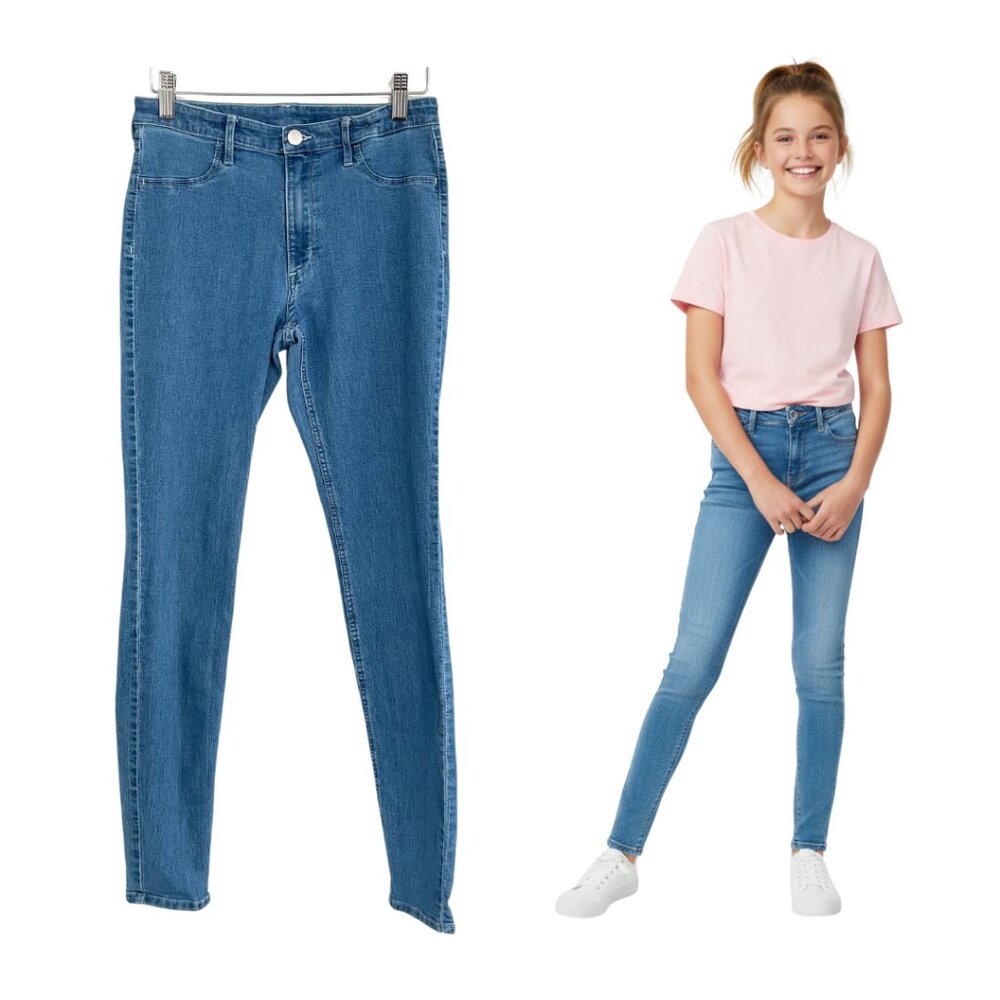 H&M Jeans Girls 14 Skinny Fit Blue Denim Ankle Adjustable Waist Stretch Mid Rise